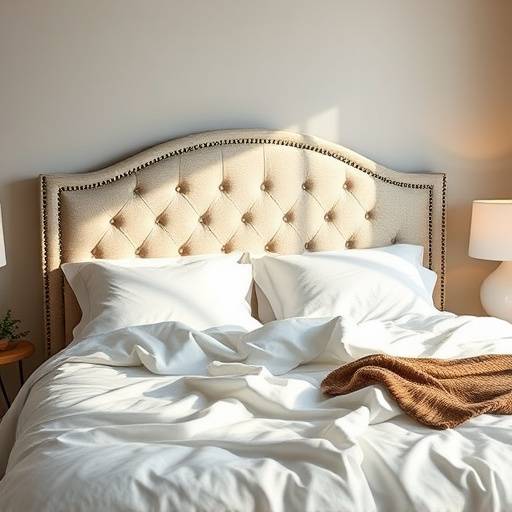 Cama de casal com cabeceira estofada e len√§√≥is brancos macios.