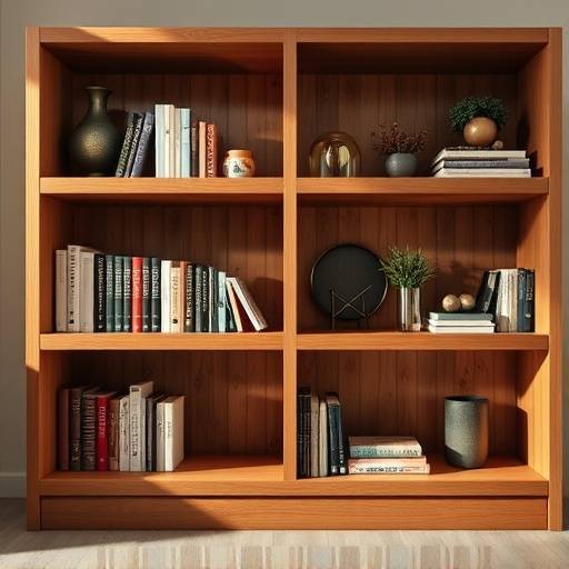 Estante de madeira com prateleiras ajust√°veis cheias de livros e objetos decorativos.