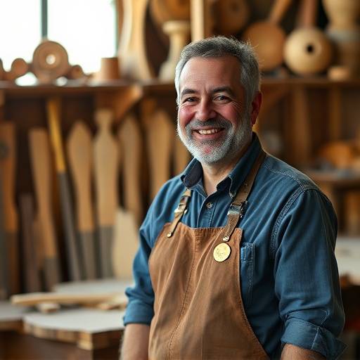 Foto de Ant√¥nio Ferreira, fundador da M√≥veis Eleg√¢ncia Artesanal, um homem sorrindo em sua oficina.