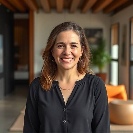 Foto de Maria Clara Ferreira, designer de interiores da M√≥veis Eleg√¢ncia Artesanal, uma mulher sorrindo em frente a um projeto.