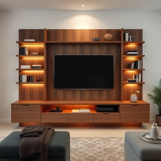 Painel para TV com nichos e prateleiras integradas.